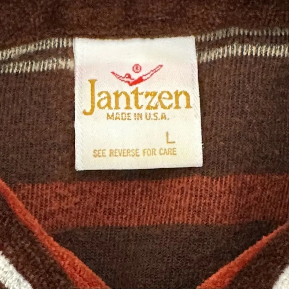 JANTZEN 1960’s Classic Striped Velour Sweater in Brown Rust Tones Size Large